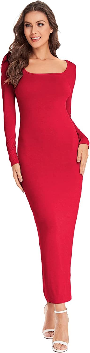 Women's Long Sleeve Square Neck Bodycon Maxi Long Dress