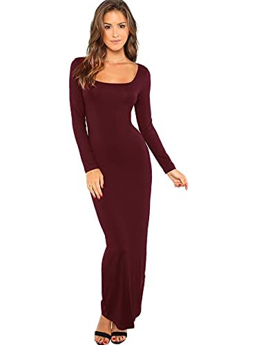 Women's Long Sleeve Square Neck Bodycon Maxi Long Dress