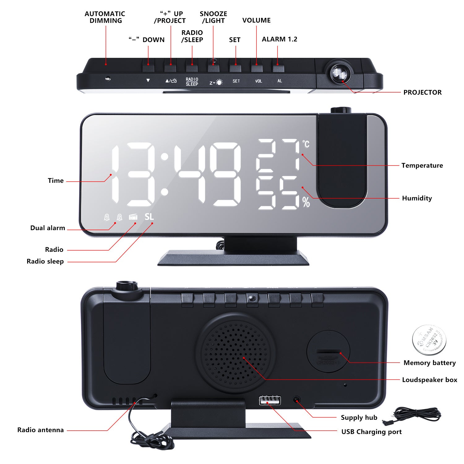 FM Radio LED Digital Smart Alarm Clock Watch Table Electronic Desktop Clocks USB Wake Up Clock with 180° Time Projection Snooze