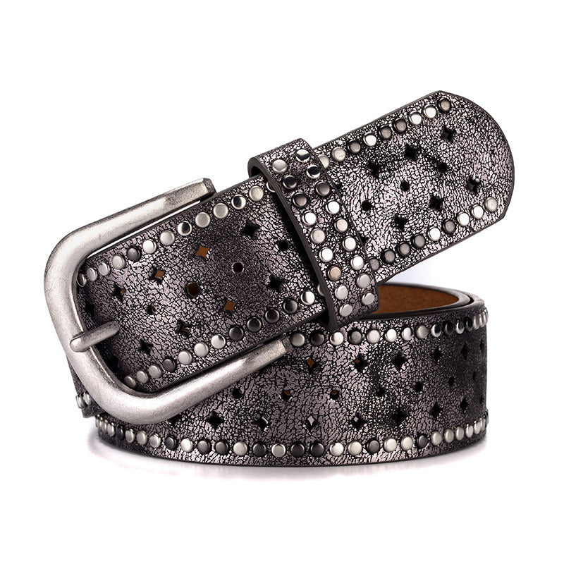 Women's belt; rhinestone rivet inlaid with alloy pin buckle; pink belt; fashion; leisure; matching with jeans; belt trend