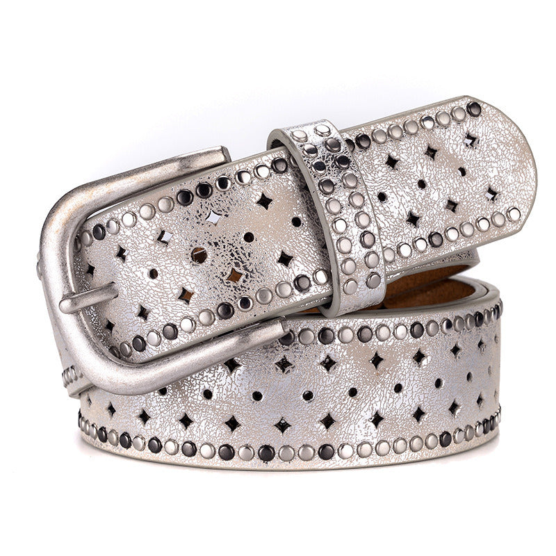 Women's belt; rhinestone rivet inlaid with alloy pin buckle; pink belt; fashion; leisure; matching with jeans; belt trend