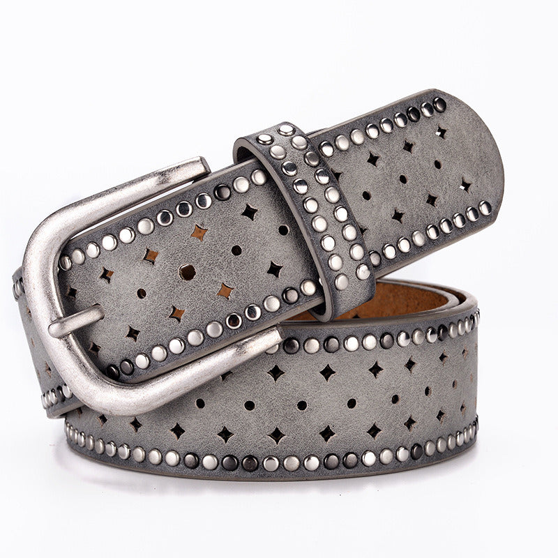 Women's belt; rhinestone rivet inlaid with alloy pin buckle; pink belt; fashion; leisure; matching with jeans; belt trend