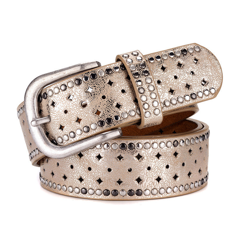 Women's belt; rhinestone rivet inlaid with alloy pin buckle; pink belt; fashion; leisure; matching with jeans; belt trend