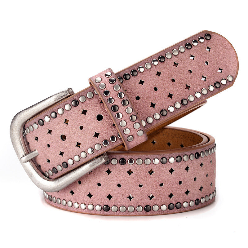 Women's belt; rhinestone rivet inlaid with alloy pin buckle; pink belt; fashion; leisure; matching with jeans; belt trend