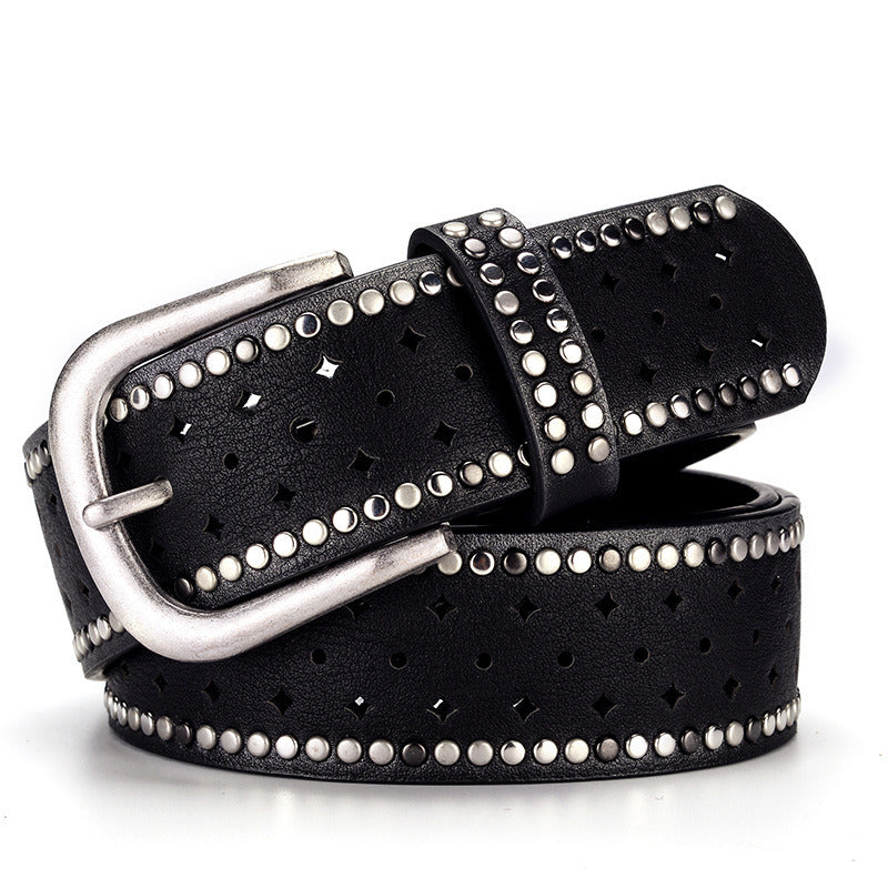 Women's belt; rhinestone rivet inlaid with alloy pin buckle; pink belt; fashion; leisure; matching with jeans; belt trend