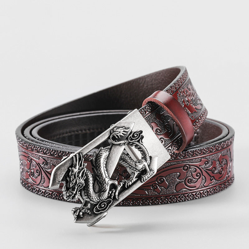 Cloris Kelsey genuine belt; aggressive; Z dragon buckle; vintage belt; cowhide; carved personality; fashion belt; cross-border