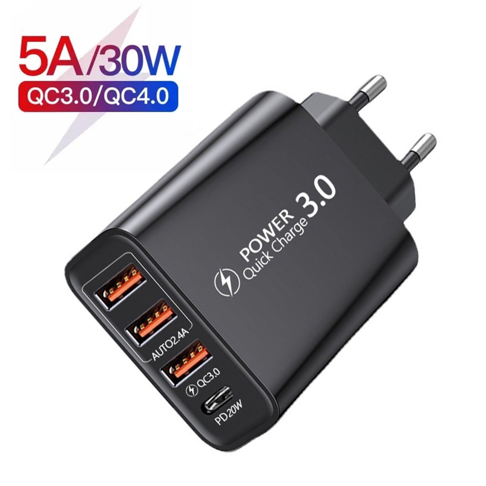 Travel Charger 3usb + Type-Cpd Charging Head European Standard Black Multi-Port Mobile Phone Charging Head Suitable for USB
