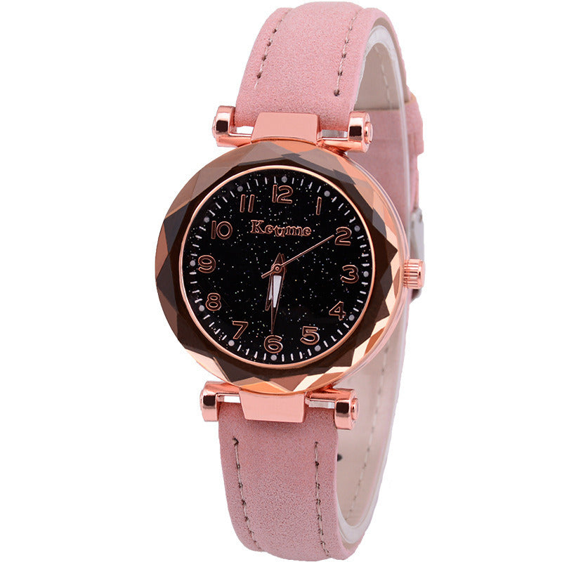 Women's Watch Korean Rose Gold Quartz Watch Ladies Watch Leather-Belt Watch Starry Sky Bright