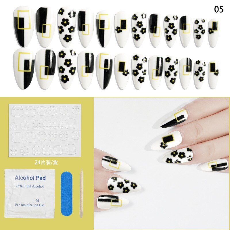 24Pcs Set Fake Nails Full Cover Printing Nail Tips Press on Nails Almond Round Wavy with Jelly Detachable Accesories