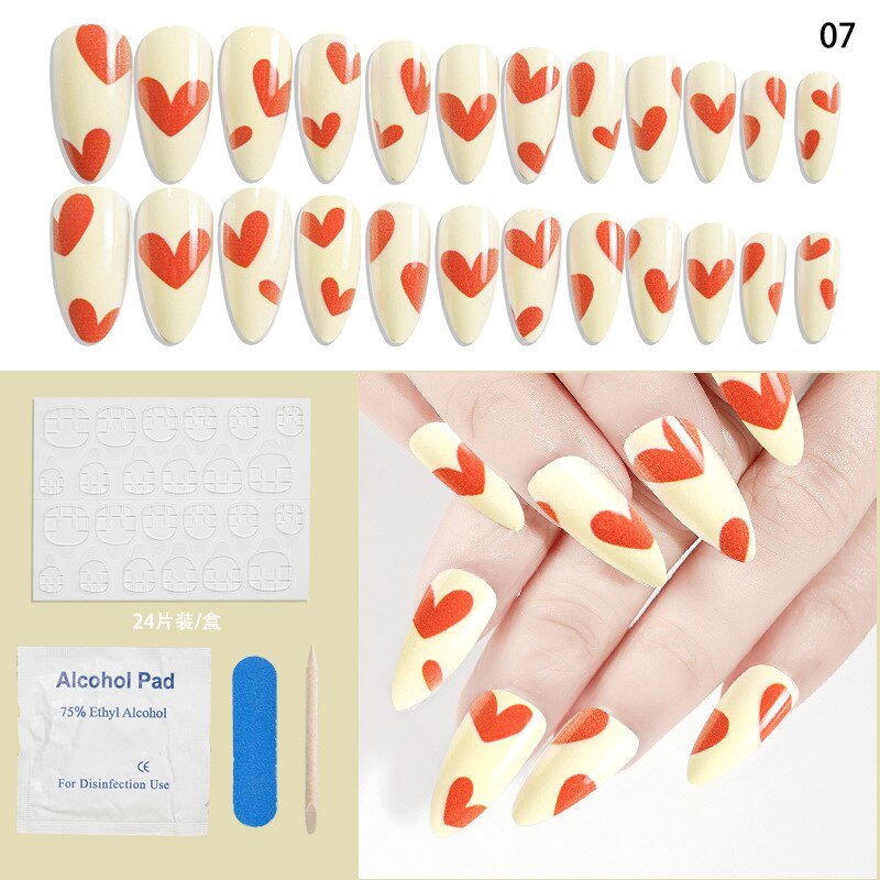 24Pcs Set Fake Nails Full Cover Printing Nail Tips Press on Nails Almond Round Wavy with Jelly Detachable Accesories
