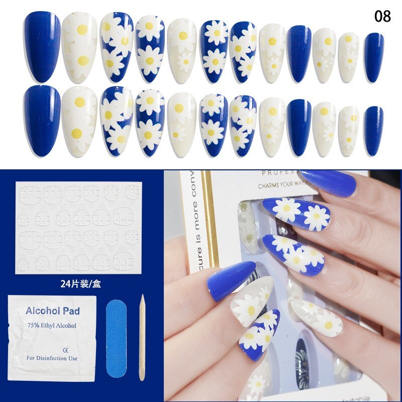 24Pcs Set Fake Nails Full Cover Printing Nail Tips Press on Nails Almond Round Wavy with Jelly Detachable Accesories