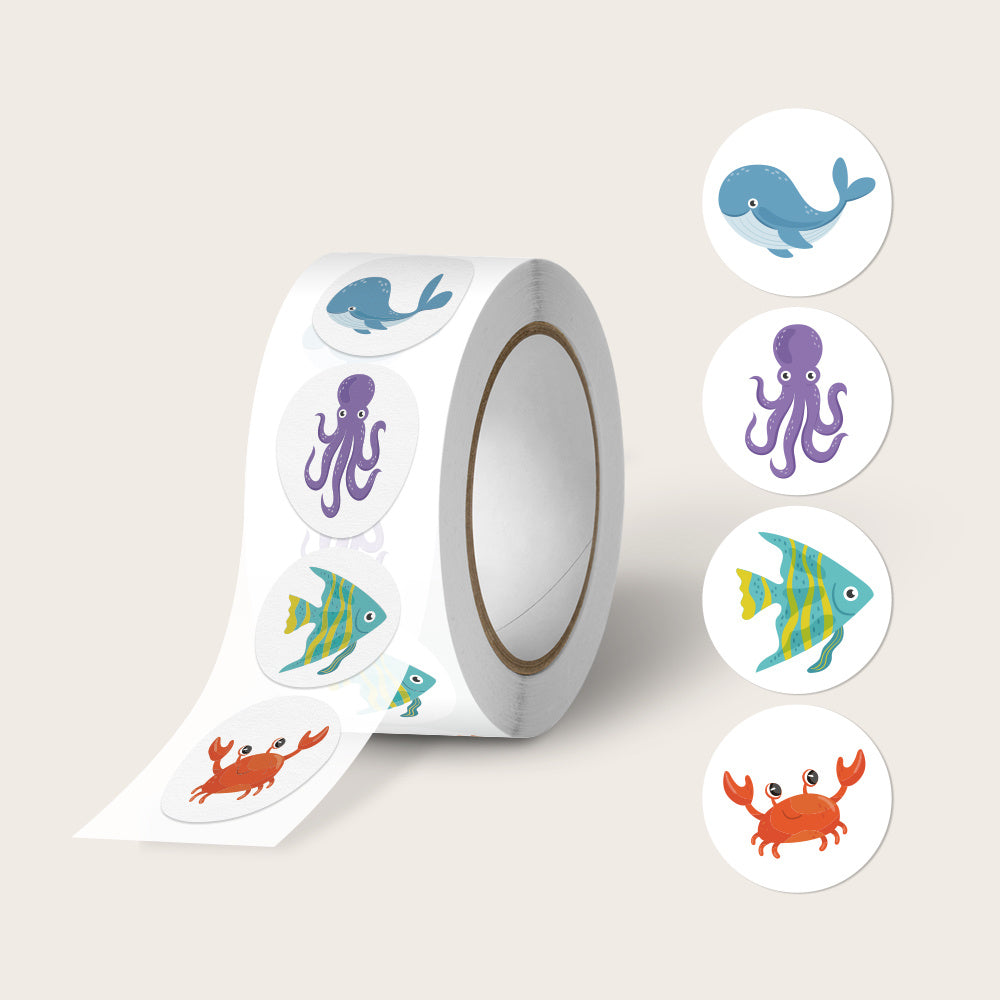 500pcs/roll Adorable Round Sea Animal Stickers; 4 Vibrant Designs Ocean Animal Stickers Cartoon Animal Labels for Kids Children