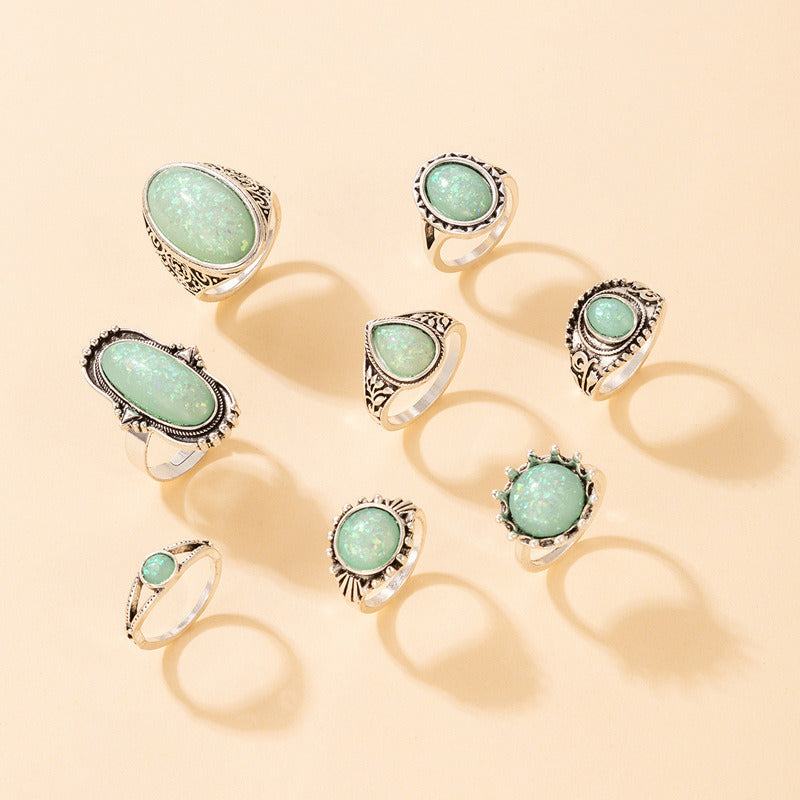 Daily Jewelry Make You Fashionable Vintage Geometric Round Oval Imitation Opal 8-piece Ring Joint Ring
