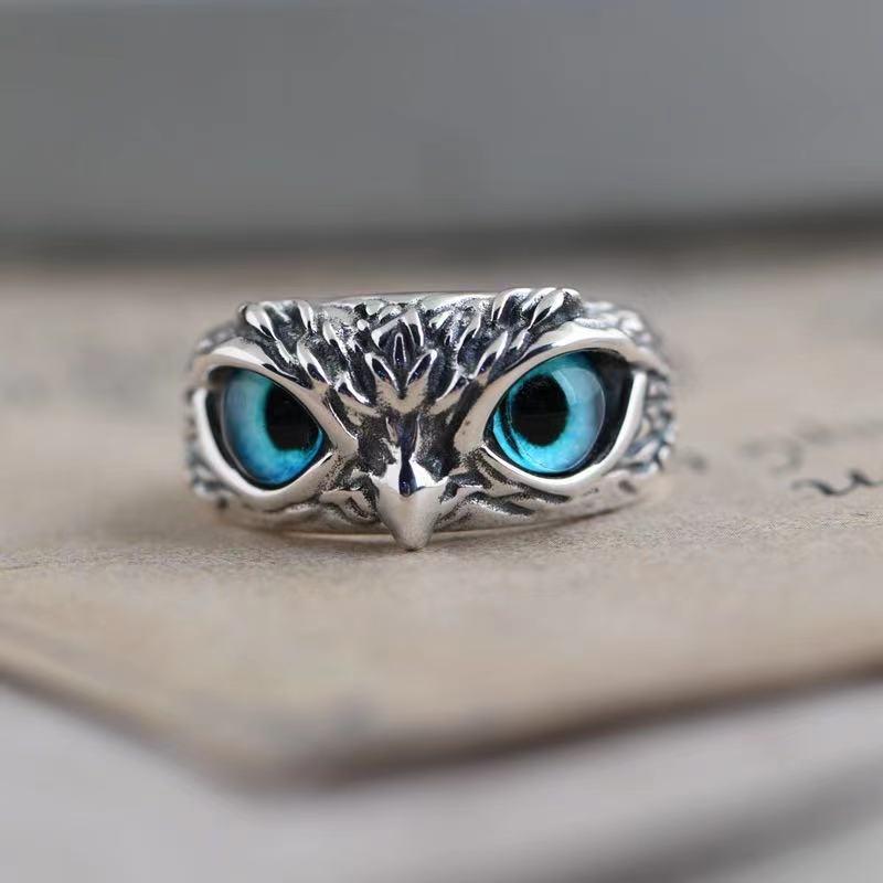 Vintage Blue Glasses Owl Jewelry Ring Wholesale Cross-Border Design Owl Ring for Men and WomenSize@@The Opening Can Be Adjusted#