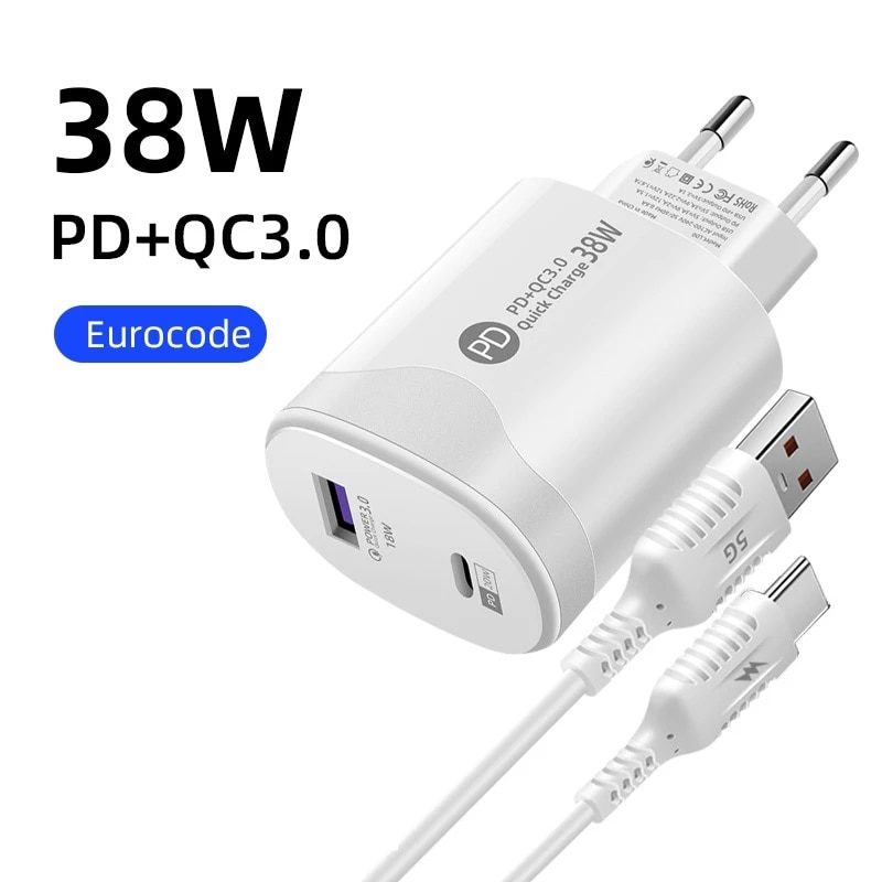 38W European Standard Type-c Fast Charging Head Pd20w + Qc3.0 Smart Phone Direct Charging Charger with Data Cable