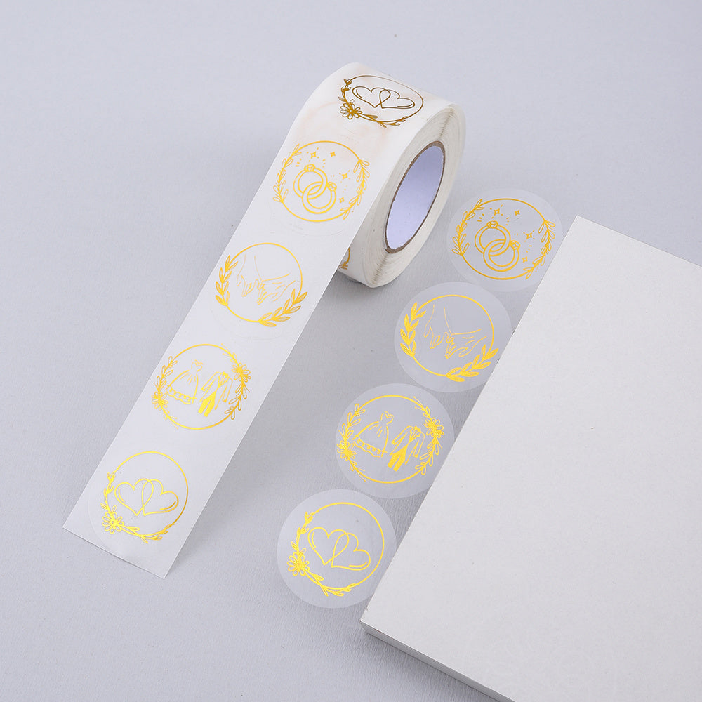 500pcs/roll Wedding Stickers Roll; 3.8cm Round Transparent PVC With Gold Stamping Stickers Lables for Gift Wrapping