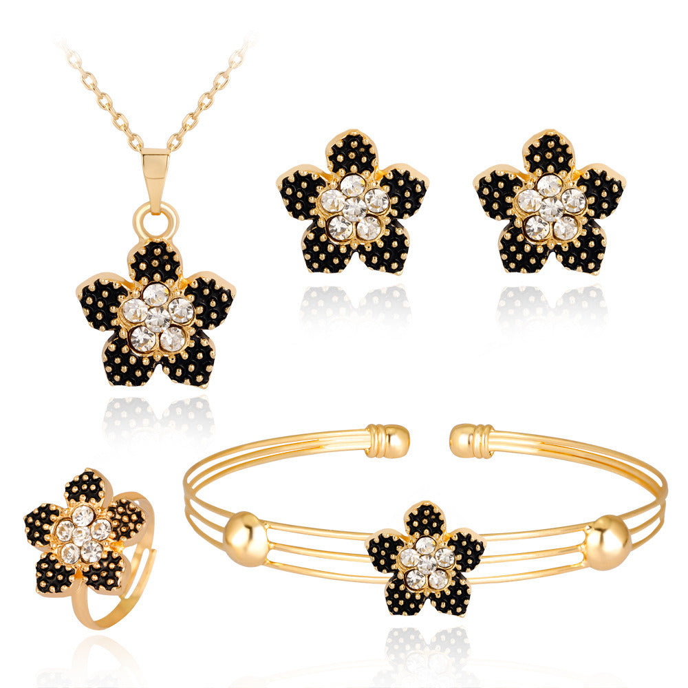 Jewelry 4 Pcs Set Ring Earring Necklace Bracelet Simple Drops Flower And Heart Pattern Set Of Jewelry