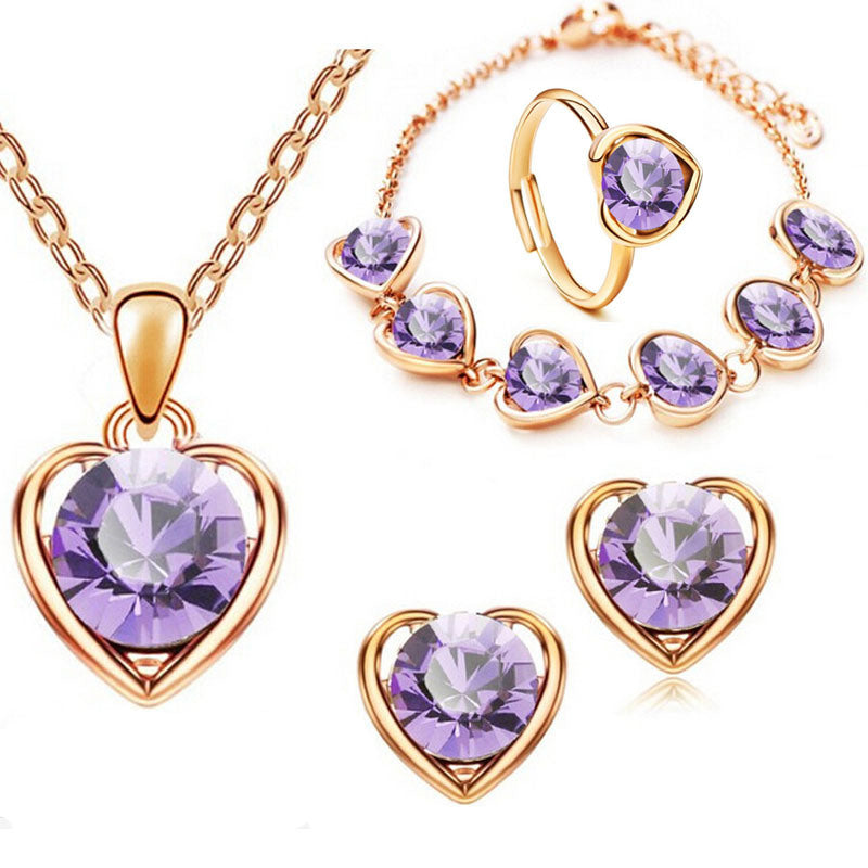 Jewelry 4 Pcs Set Ring Earring Necklace Bracelet Simple Drops Flower And Heart Pattern Set Of Jewelry