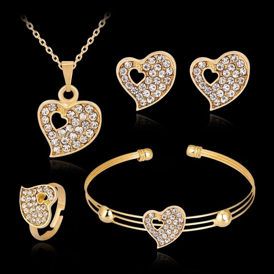 Jewelry 4 Pcs Set Ring Earring Necklace Bracelet Simple Drops Flower And Heart Pattern Set Of Jewelry