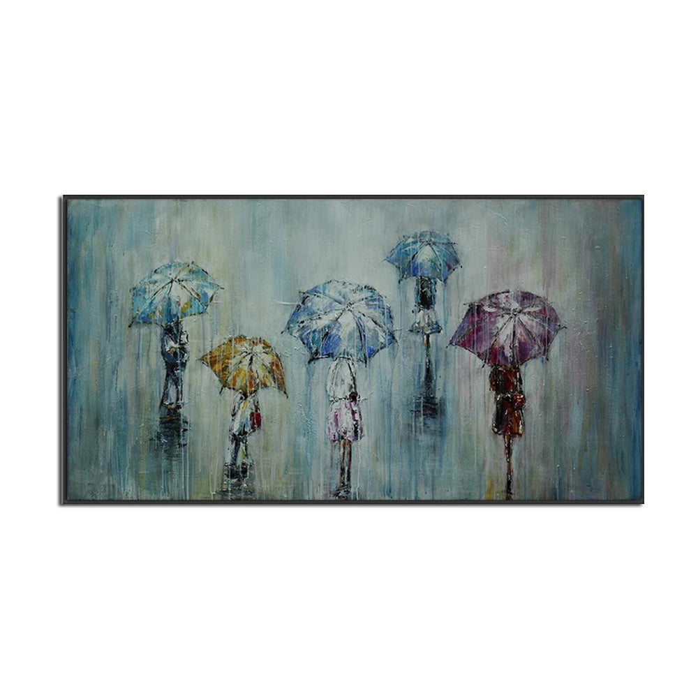 People Walking In The Rain With Umbrella Painting 100% Hand Painted Oil Painting On Canvas Decorative Blue Wall Art For House