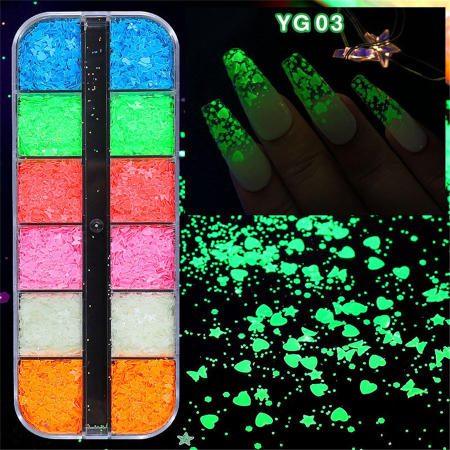 1Box New manicure night light sequins butterfly love pentagram sequins long strip 12 grid boxed ultra-thin luminous sequins mixed nail accessories