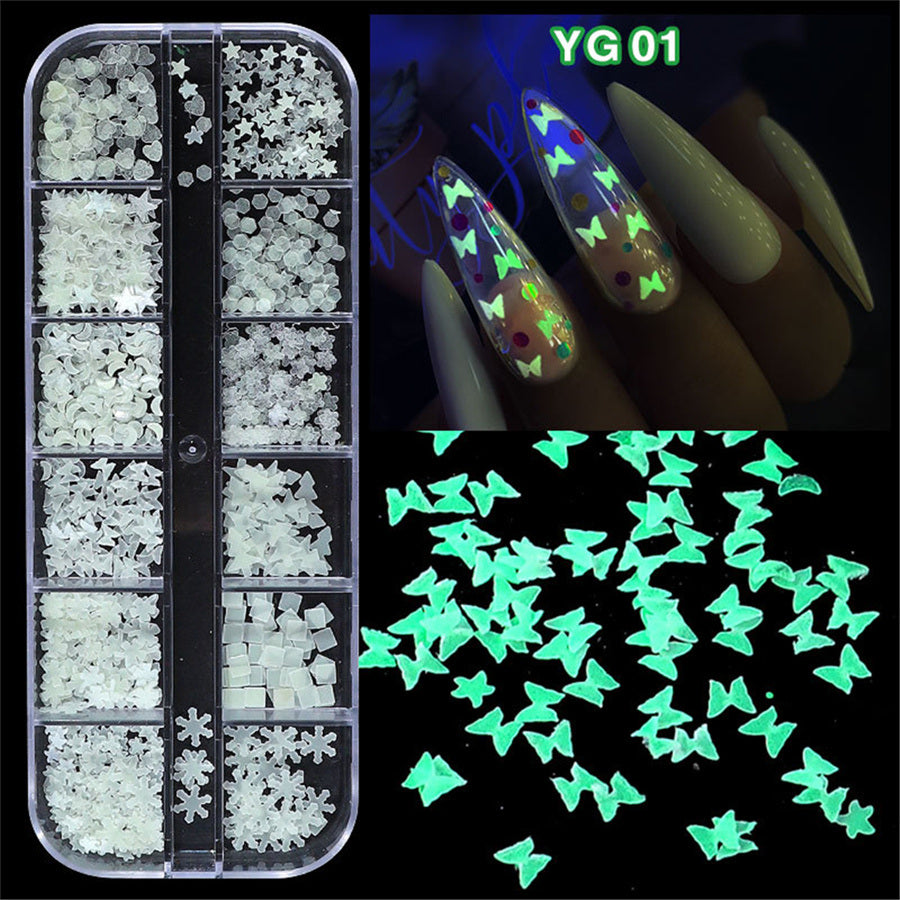 1Box New manicure night light sequins butterfly love pentagram sequins long strip 12 grid boxed ultra-thin luminous sequins mixed nail accessories