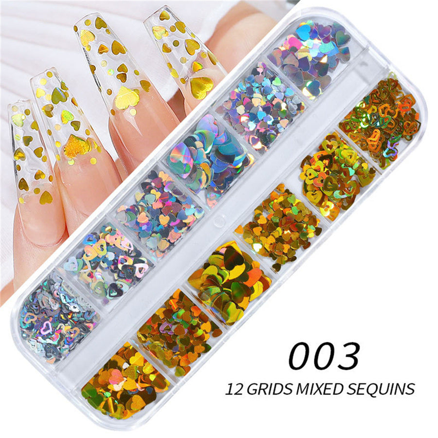 1Box 12 Girds 5 Colors various styles of Nail Art Sequins Different Size Mixed Nail Art Decorations Nails Accessories