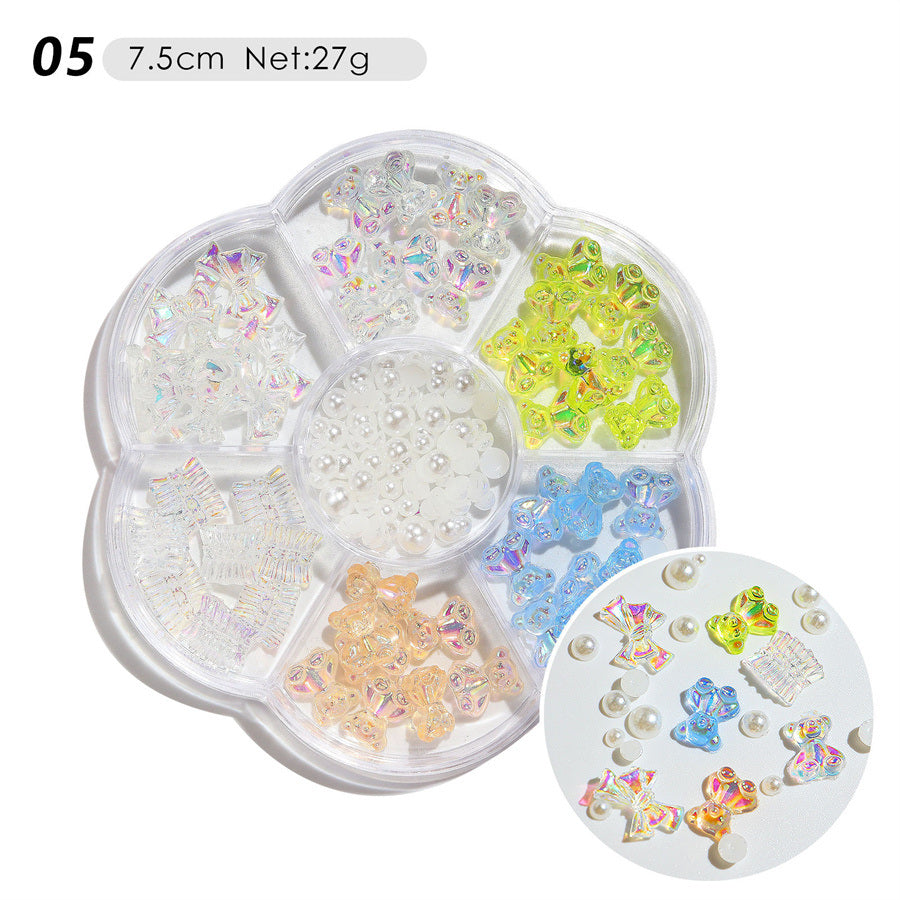 1 Box Nail Jewelry  Flower Bow Aurora Patch Bear Rhinestone Pearl Mixed Nail Decoration Drill Sequins