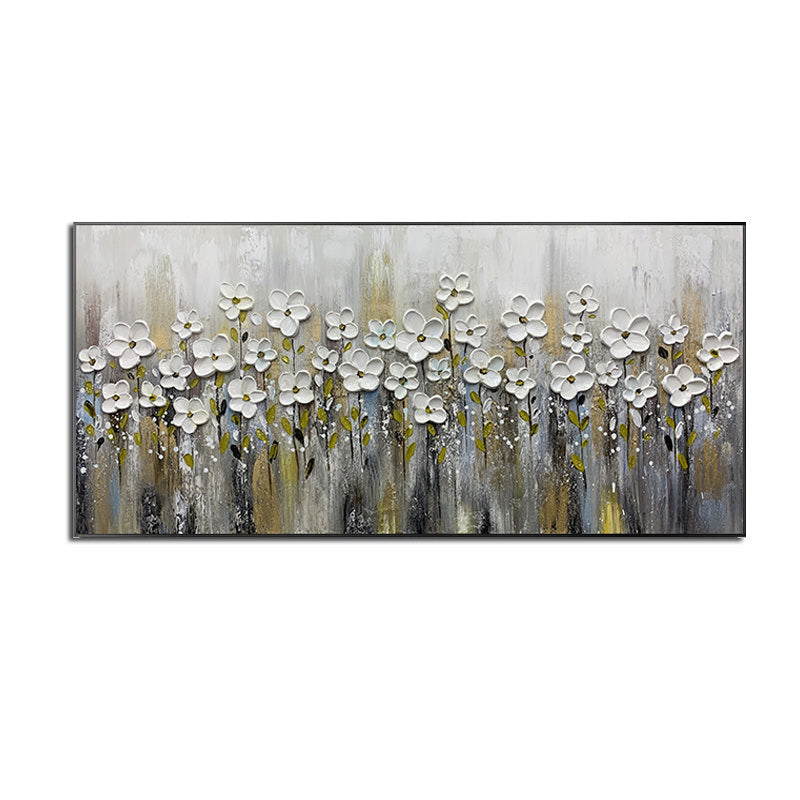 Handmade Gold Foil Abstract Oil Painting  Wall Art Modern Minimalist White Flowers Canvas Home Decorative For Living Room No Frame