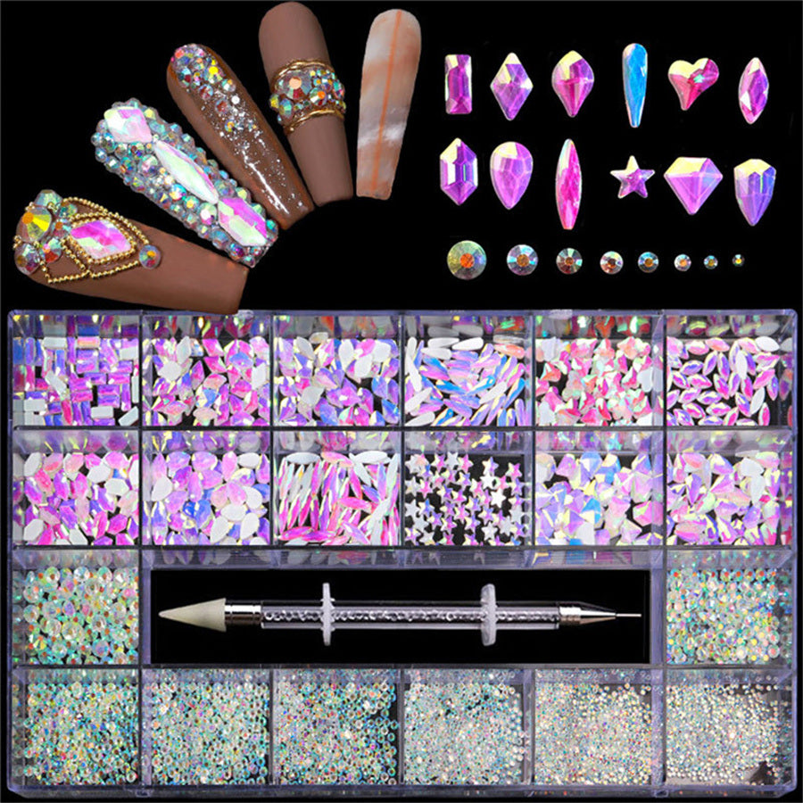 21 Grids a Box; Hot Sale 21 Grid Boxed Nail Diamond Flat Glass Shaped Diamond DIY Nail Rhinestone Nail Art Jewelry Set