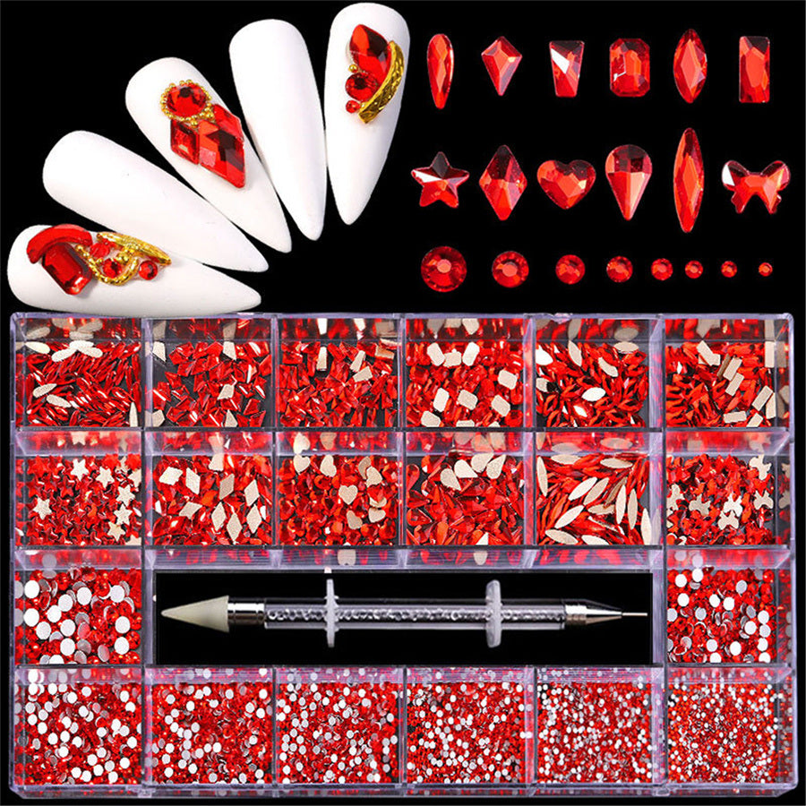 21 Grids a Box; Hot Sale 21 Grid Boxed Nail Diamond Flat Glass Shaped Diamond DIY Nail Rhinestone Nail Art Jewelry Set