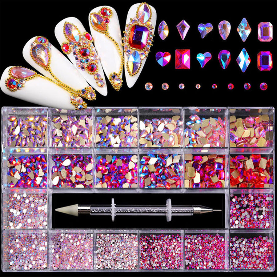 21 Grids a Box; Hot Sale 21 Grid Boxed Nail Diamond Flat Glass Shaped Diamond DIY Nail Rhinestone Nail Art Jewelry Set