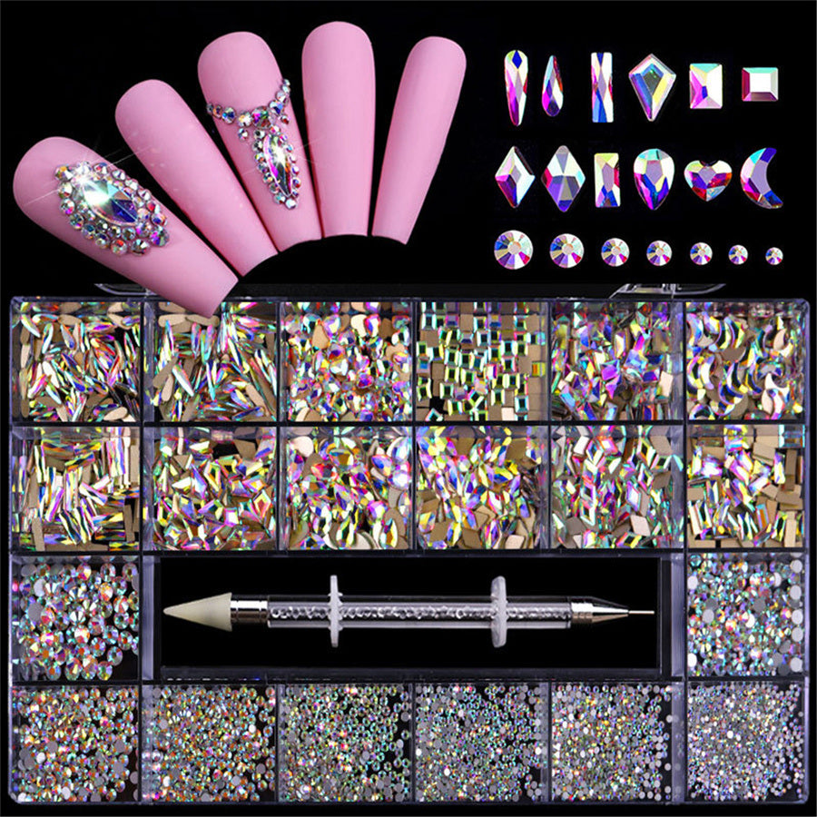 21 Grids a Box; Hot Sale 21 Grid Boxed Nail Diamond Flat Glass Shaped Diamond DIY Nail Rhinestone Nail Art Jewelry Set