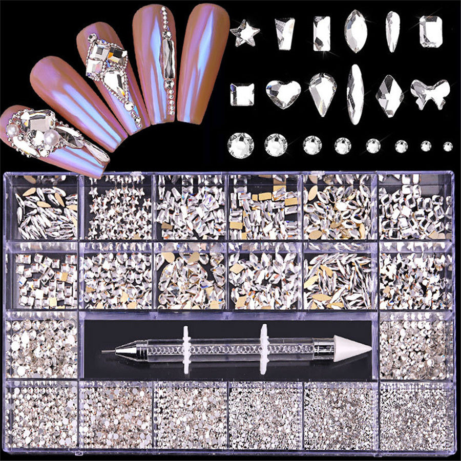 21 Grids a Box; Hot Sale 21 Grid Boxed Nail Diamond Flat Glass Shaped Diamond DIY Nail Rhinestone Nail Art Jewelry Set