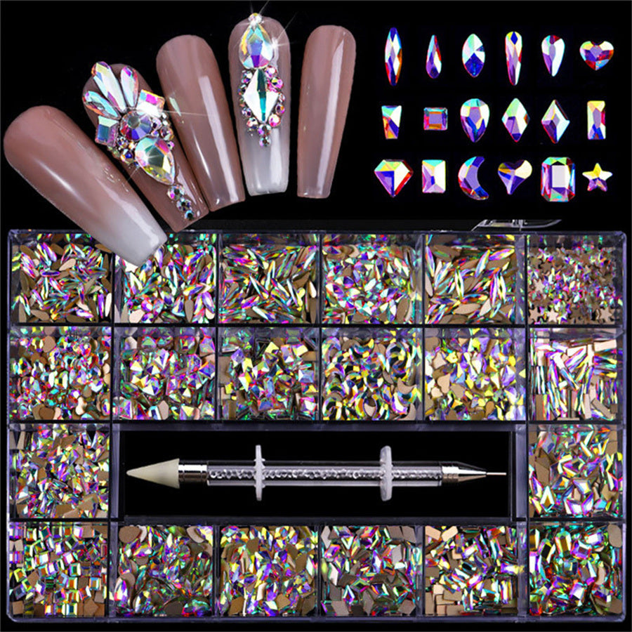 21 Grids a Box; Hot Sale 21 Grid Boxed Nail Diamond Flat Glass Shaped Diamond DIY Nail Rhinestone Nail Art Jewelry Set