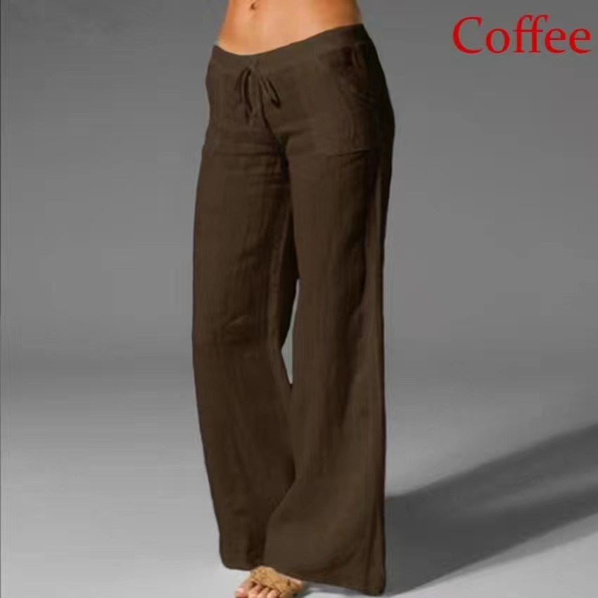 Women's Cotton Linen Wide Leg Pants Solid Casual Elastic Waist Long Trousers