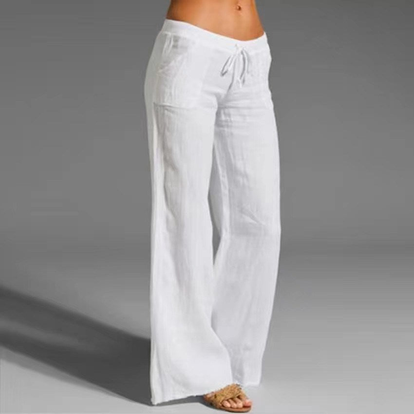 Women's Cotton Linen Wide Leg Pants Solid Casual Elastic Waist Long Trousers