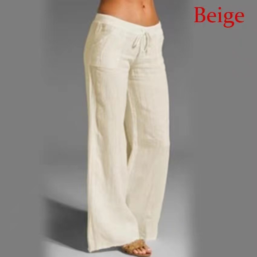 Women's Cotton Linen Wide Leg Pants Solid Casual Elastic Waist Long Trousers