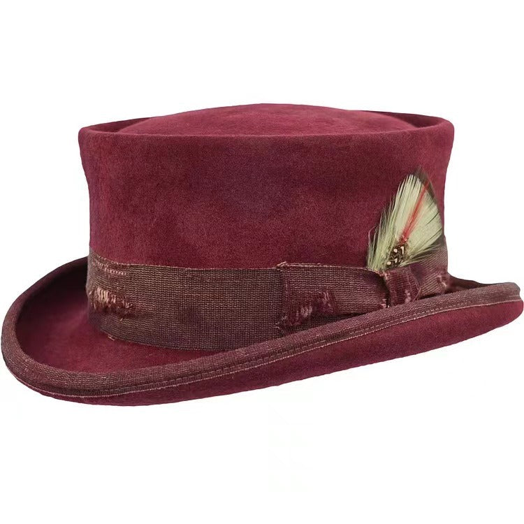 Mid Crown Red Top Hat Unisex Hat Steam Punk Hat Cylinder Wool Felt Top