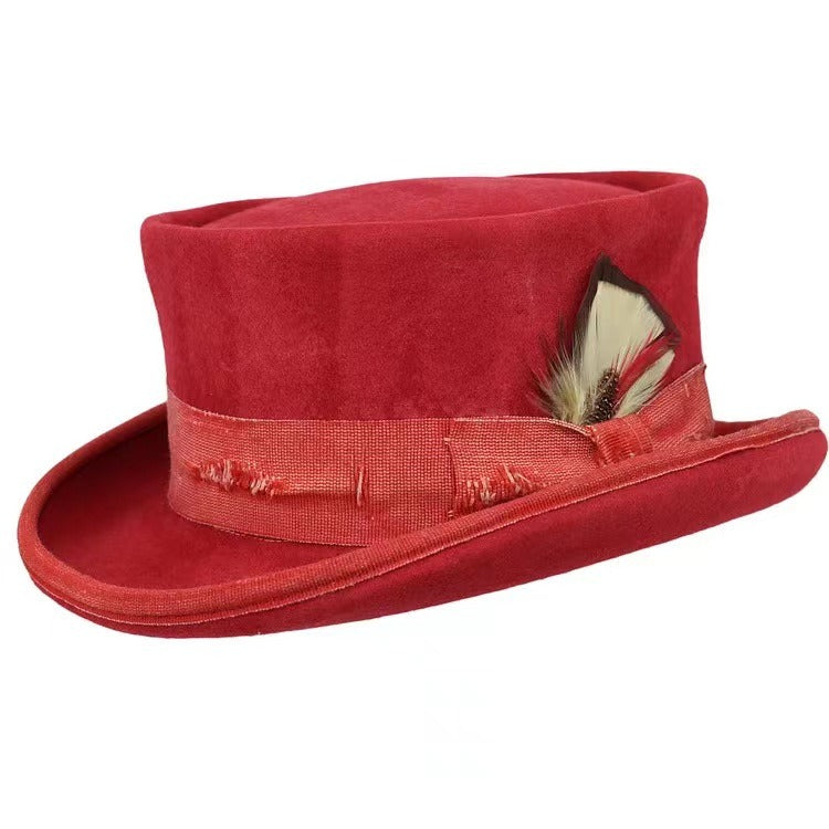 Mid Crown Red Top Hat Unisex Hat Steam Punk Hat Cylinder Wool Felt Top