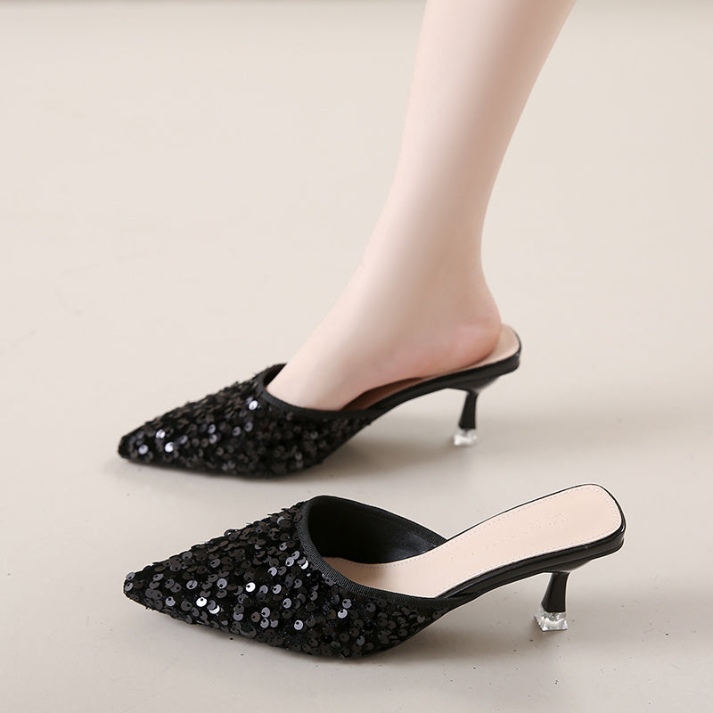 Women's new trend fashion pointy sequin heels French ins stiletto half slippers