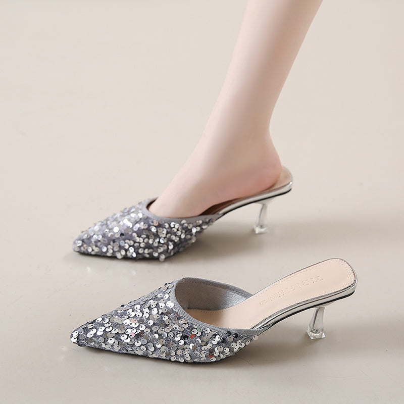 Women's new trend fashion pointy sequin heels French ins stiletto half slippers