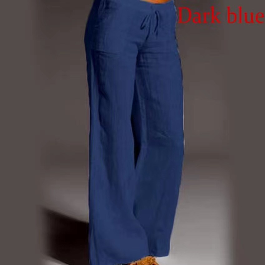 Women's Cotton Linen Wide Leg Pants Solid Casual Elastic Waist Long Trousers