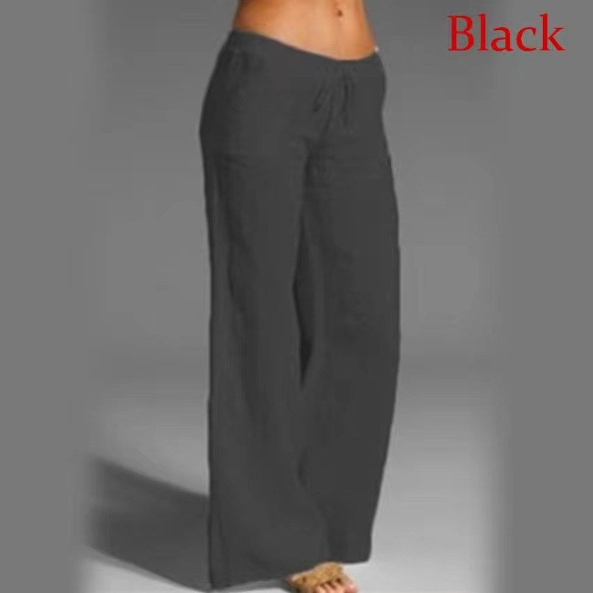 Women's Cotton Linen Wide Leg Pants Solid Casual Elastic Waist Long Trousers