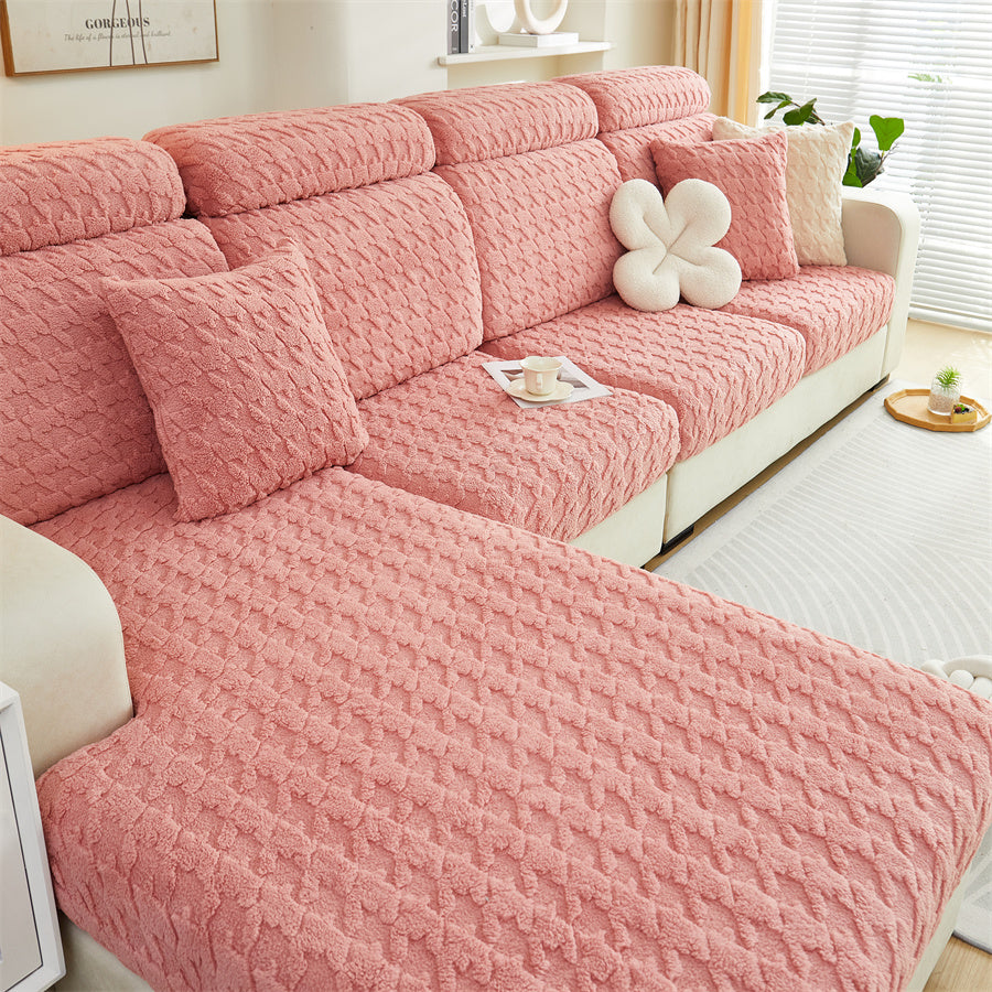 1 Pc Autumn and Winter Sofa Kasai Thousand Bird Grid Plush Sofa Cover Full Package Set Four Seasons Universal Lamb Fleece