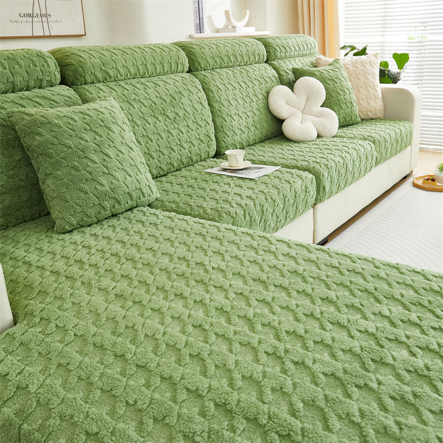 1 Pc Autumn and Winter Sofa Kasai Thousand Bird Grid Plush Sofa Cover Full Package Set Four Seasons Universal Lamb Fleece