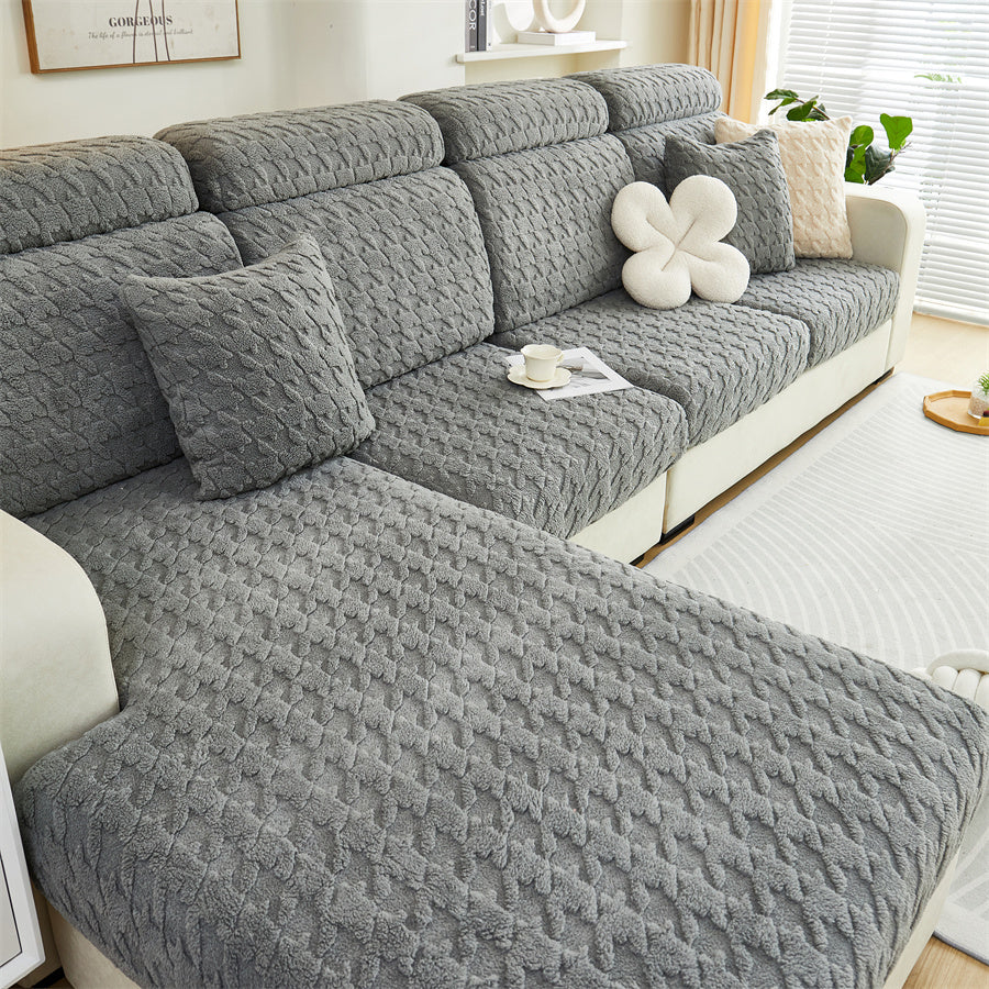 1 Pc Autumn and Winter Sofa Kasai Thousand Bird Grid Plush Sofa Cover Full Package Set Four Seasons Universal Lamb Fleece