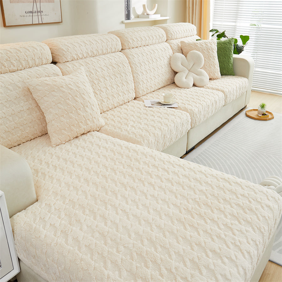 1 Pc Autumn and Winter Sofa Kasai Thousand Bird Grid Plush Sofa Cover Full Package Set Four Seasons Universal Lamb Fleece