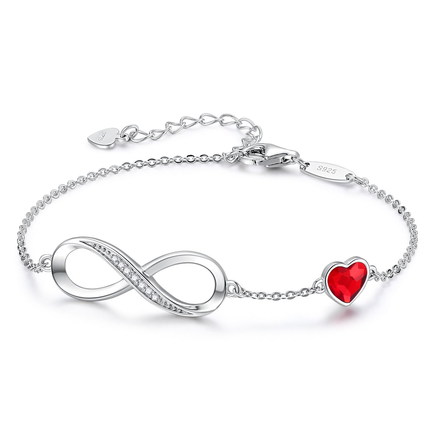 Infinity Heart Symbol Charm Link Bracelet for Women, 925 Sterling Silver Bracelet