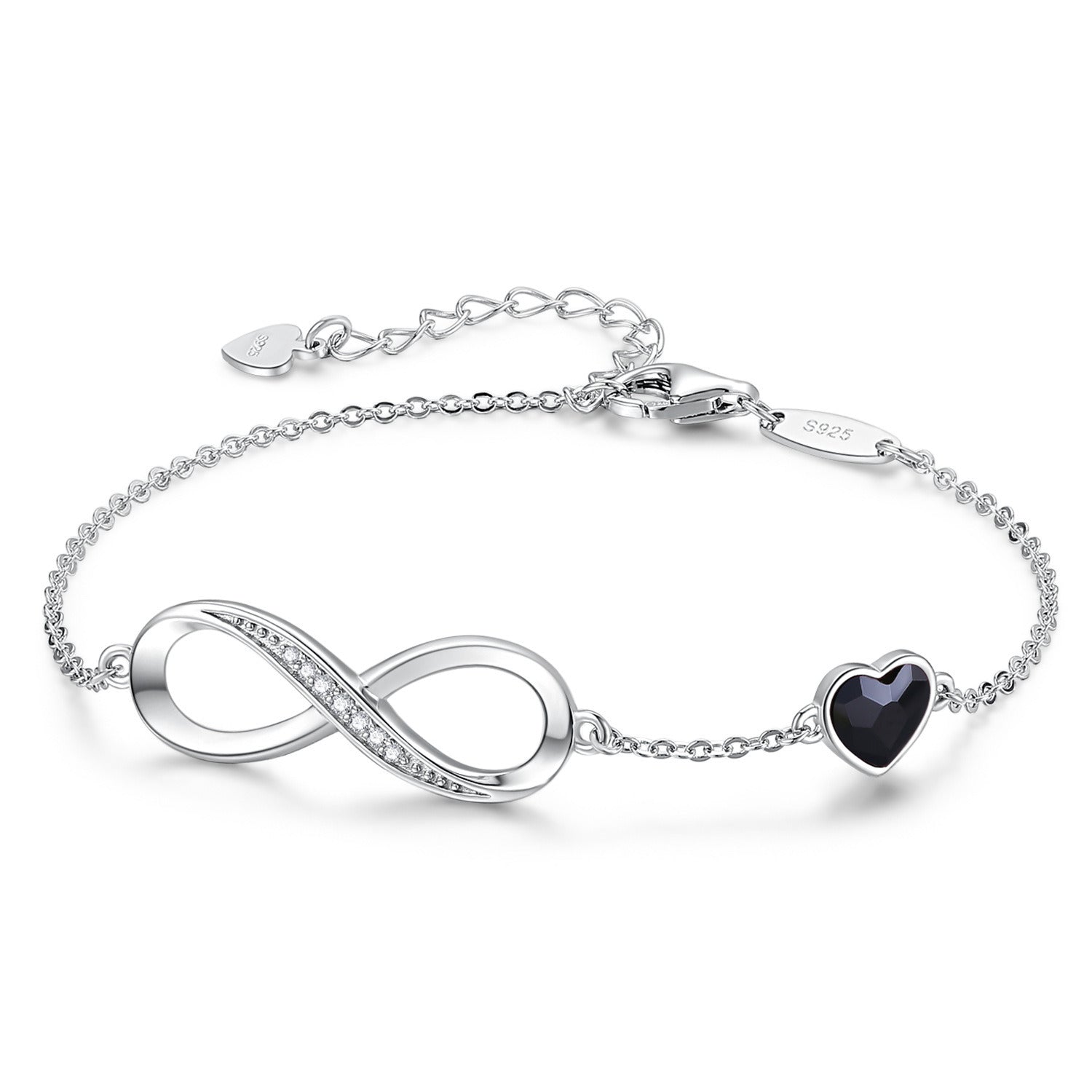 Infinity Heart Symbol Charm Link Bracelet for Women, 925 Sterling Silver Bracelet